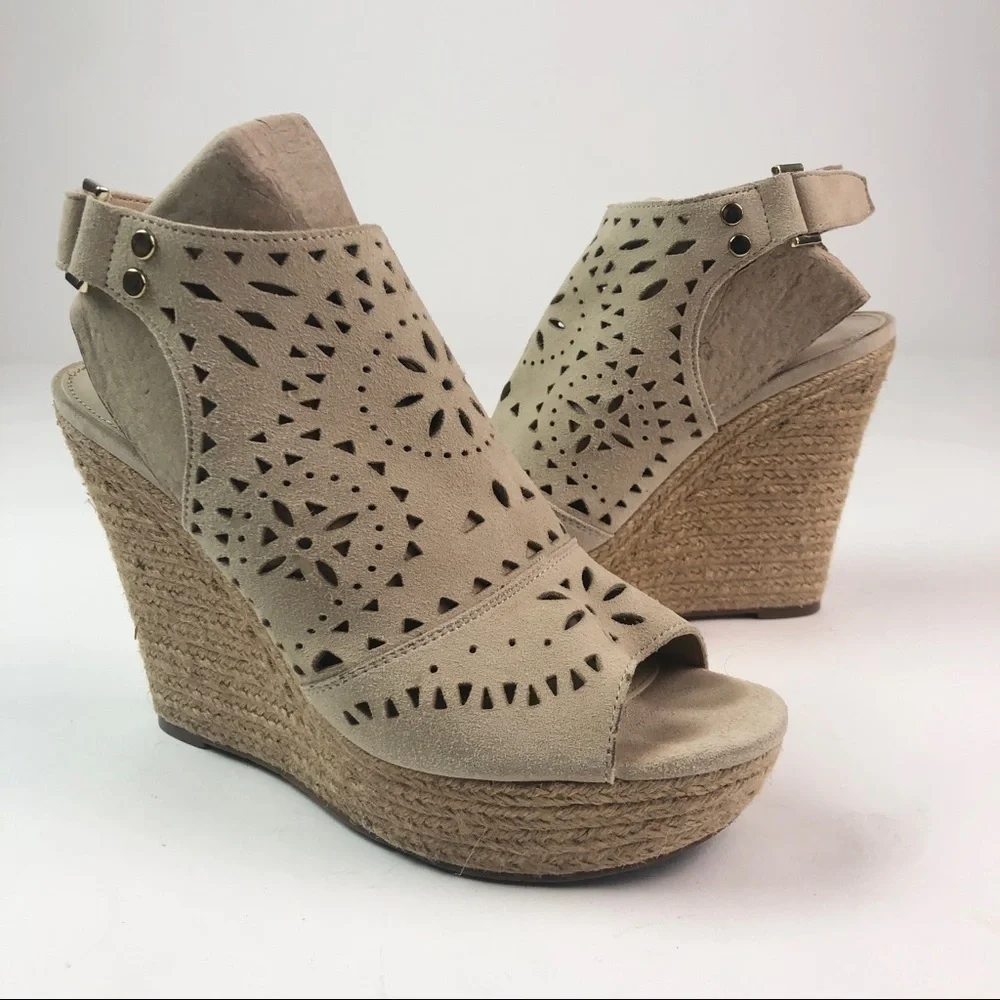 Marc Fisher Harlea Perforated Suede Wedge Espadrille Sandals beige tan neutral